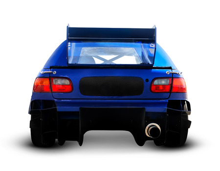 Blue race car close-up of back Isolated with clipping path on white backgroundの写真素材