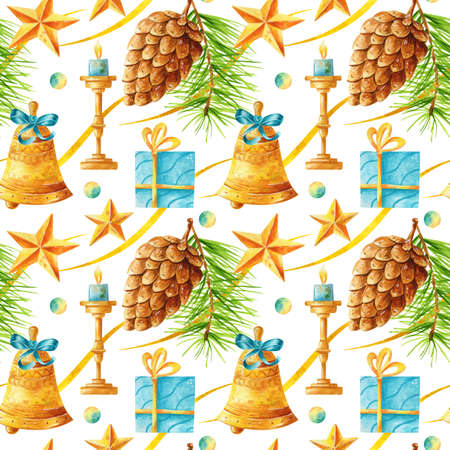 Watercolor bright seamless pattern with bells, candles, gifts, stars, and pine cone in a vintage...