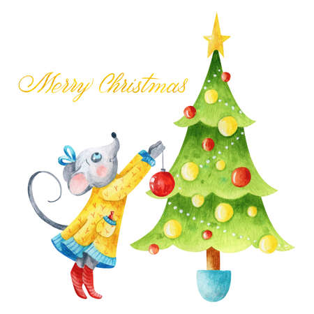 Watercolor handmade Xmas postcard composition in green, red, gold, and blue colors with a cute mouse in a dress, Christmas tree, and lettering Merry Christmasの写真素材