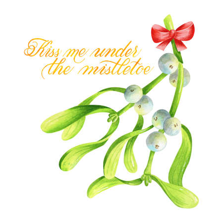 Watercolor handmade Christmas postcard composition in green, red, and gold colors with a branch of mistletoe, ribbon bow, and Spencerian lettering Kiss me under the mistletoeの写真素材