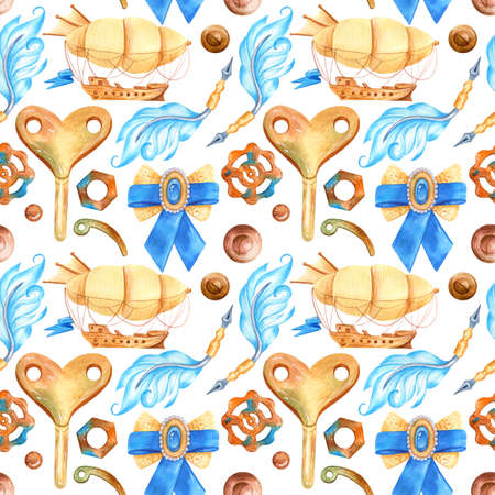 Romantic watercolor seamless pattern in fantasy style with steampunk elementsの写真素材
