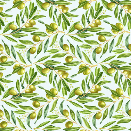 Watercolor seamless pattern with botanical green olive branches on a light backgroundの写真素材