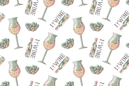 Hand drawn seamless pattern with wine glasses, olives, bottles, and lettering I love wineの写真素材