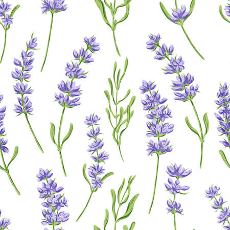 Hand drawn vector seamless pattern in retro style with violet lavender flowers and leavesのイラスト素材