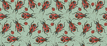 Graphic seamless pattern with ladybugs and firebugs in red, grey and brown colors on a light green...