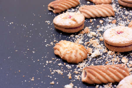 Cookies with powdered sugar closeup. Top view, flat