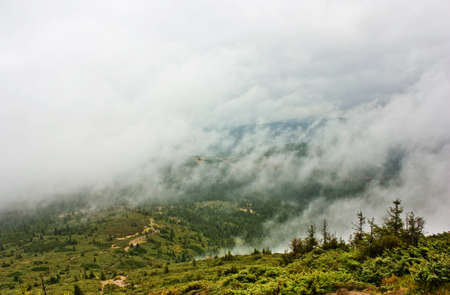 Fog in the mountains. Fog, rain over the forest, in mountains Carpathians, Ukraine.Dramatic sky.