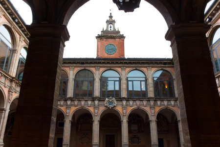 BOLOGNA, ITALY -FEBRUARY 08, 2017: tower and courtyard of Archiginnasio palace , University of Bolognaのeditorial素材
