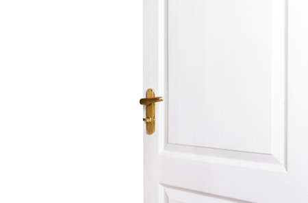 White doors with golden handle open. Entrance, exit to the room, houseの写真素材