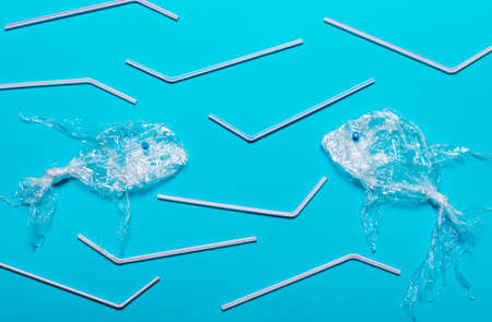 concept of pollution of nature, ocean, sea, rivers. Plastic bags, tubes
