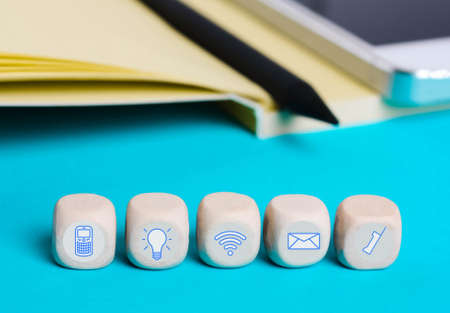 The concept of communication with the site, by mail, telephone. Message symbols, light bulbsの写真素材