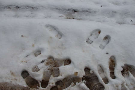 Human footprints in thr wet snowの写真素材