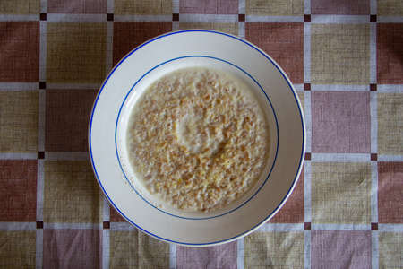 Plate of the oatmeal on the tableの写真素材