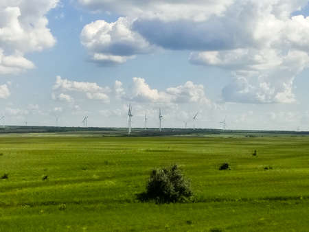 Green field and wind farms on the background