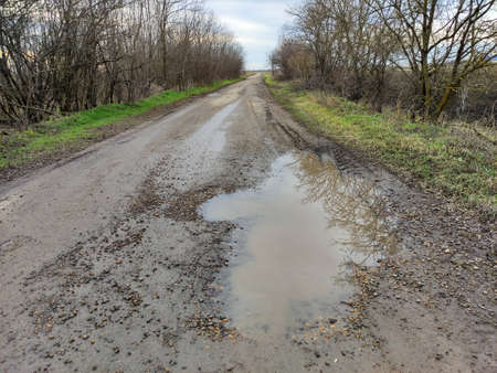 Country road with big puddles through agricultural fields in a cloudy weatherの写真素材