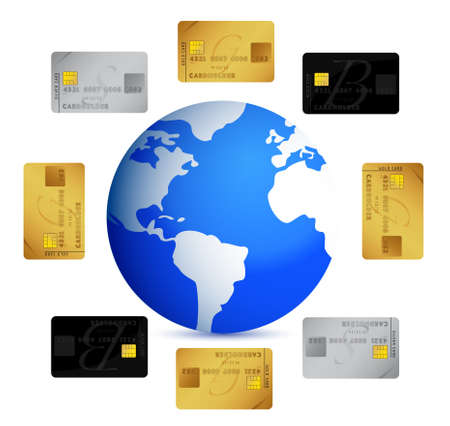 globe with credit cards around illustration design on whiteのイラスト素材