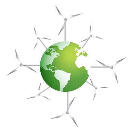 Modern windmills on a green planet illustration design on whiteのイラスト素材