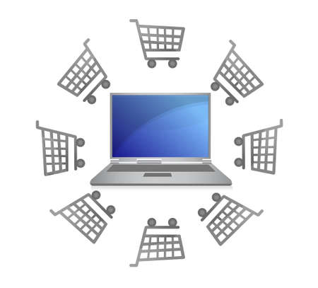 E-commerce concept -shopping carts around laptopのイラスト素材