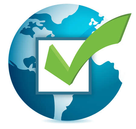World globe and checkmark over a white backgroundのイラスト素材