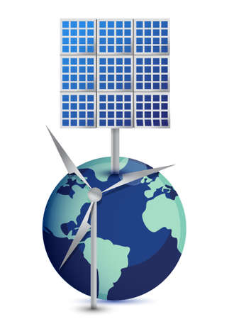 Miniature Globe with Windmill and Solar Panels on white backgroundのイラスト素材