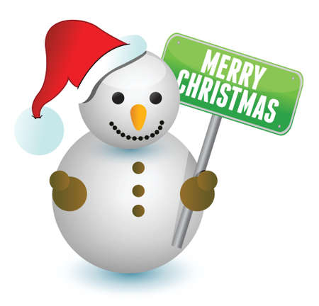 snowman and merry christmas sign over a white backgroundのイラスト素材
