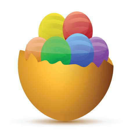 Broken egg filled with little chocolate eggs illustration designのイラスト素材