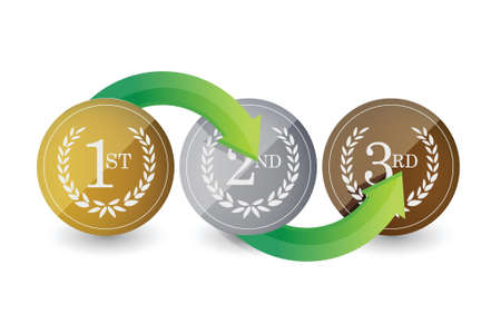 1st, 2nd, 3rd awards golden emblems steps illustration design over whiteのイラスト素材