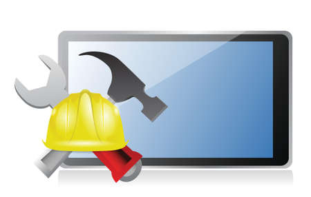 tablet with issues and under construction sign illustration design over whiteのイラスト素材