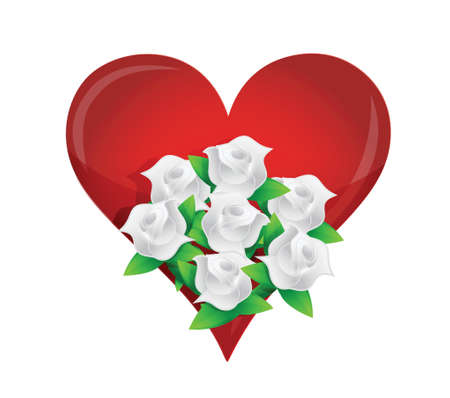 heart, white flower wedding bouquet illustration design over whiteのイラスト素材