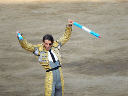 LIMA, PERU - NOV 2013: famous Spanish torero Juan Jose Padilla. Brave bullfighter. Banderillasのeditorial素材