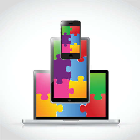 electronics puzzle pieces tablet screen illustration design over a white backgroundのイラスト素材