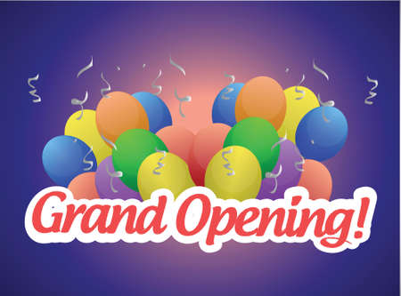 grand opening sign and balloons illustration design over a blue backgroundのイラスト素材