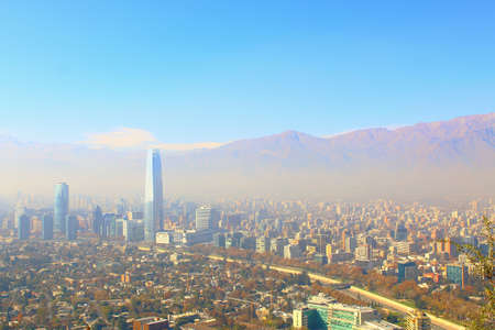 Santiago, chile. View from Cerro San Cristobal. In the background, the Andes mountains.のeditorial素材