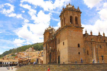 cathedral church at the Plaza de Armas. Cuzco, Peru. Sunnt dayのeditorial素材