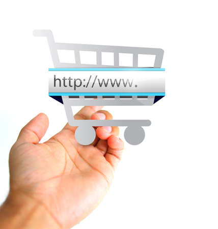 Online sales concept. hand holding a shopping cart icon illustration isolated over white