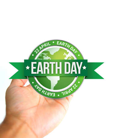 hand holding a earth day seal. photo and illustration design