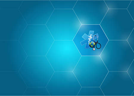 Medical symbol and dna diagram network of shapes over a blue background