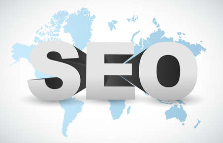 seo sign illustration over a blue world map backgroundのイラスト素材