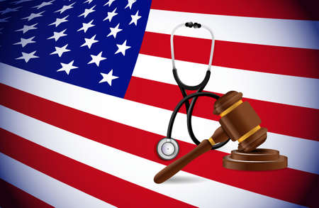 Medical law in the US. stethoscope law hammer and american flag illustrationのイラスト素材