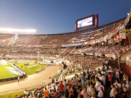 Buenos Aires, NOV 26, 2017: Monumental stadium. River Plate soccer fans. red, white and black のeditorial素材