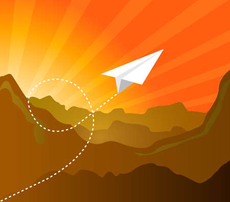 Paper plane flying pattern over  sunset mountain landscape. illustration design graphicのイラスト素材