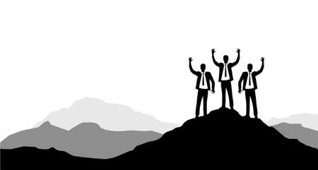 Businessmen raising their hands on a mountain peak. Victory concept. illustration design graphicのイラスト素材