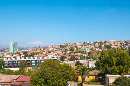 Panoramic view on the historic city of Valparaiso, Chile, Aerial view of the port.の写真素材