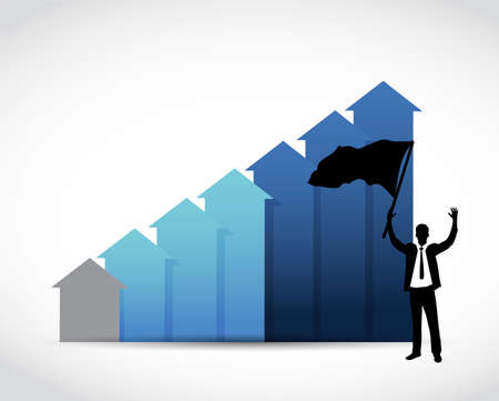 businessman raises flag over a blue business graph. illustration design over whiteのイラスト素材