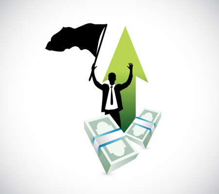 businessman raises hands over a pile of cash. illustration design isolated over a white background.のイラスト素材