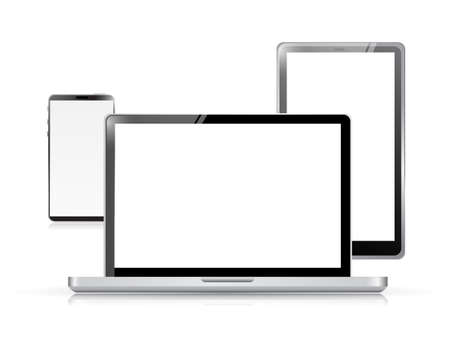 Set of electronic devices over a white background のイラスト素材