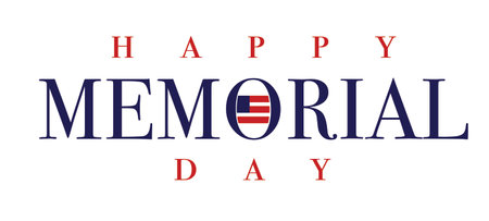 Happy Memorial day illustration sign with US flag over a white isolated backgroundの写真素材