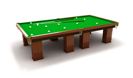 Billiard table with balls and cues