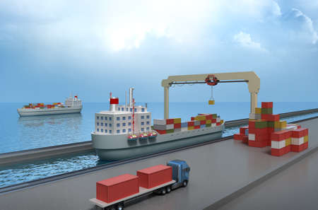 Crane lifting cargo container and loading the ship
