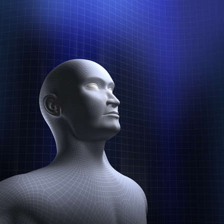 Human head wire model and blue background
